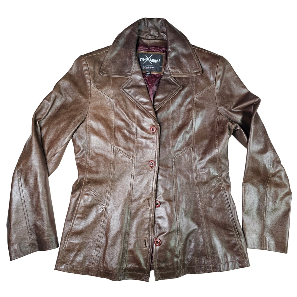 Vintage Wilsons Maxima Leather Jacket Womens M Brown Button‎ Front Y2K Blazer